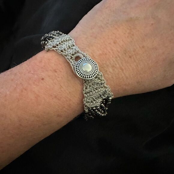 Bohemian Handmade Marcasite Silver Grey Beaded Bracelet with crocheted Closure - Picture 4 of 6